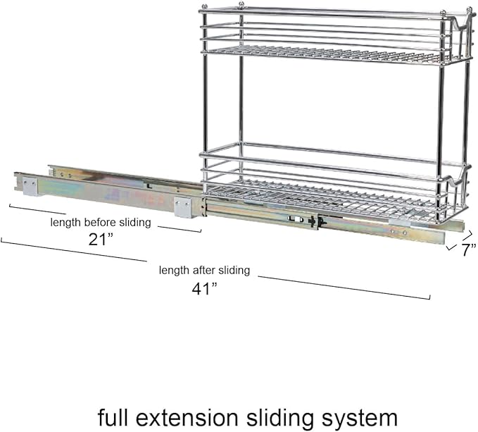 Household Essentials Narrow Sliding Cabinet Organizer, Two Tier Chrome Organizer, Chrome, Great for Slim Cabinets in Kitchen, Bathroom and More