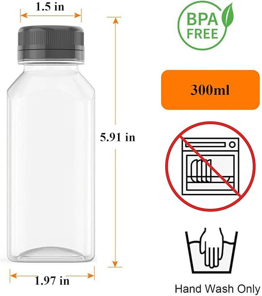 10 OZ Plastic Juice Bottles, Reusable Bulk Beverage Containers, for Juice, Milk and Other Beverages, 4 Pcs.