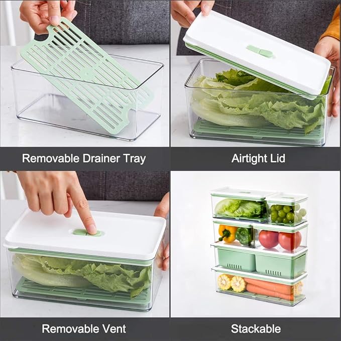 Lille Home Stackable Produce Saver, Organizer Bins/Storage Containers with Removable Drain Tray, Set of Six, for Refrigerators, Cabinets, Countertops and Pantry, BPA Free (Set of Six)