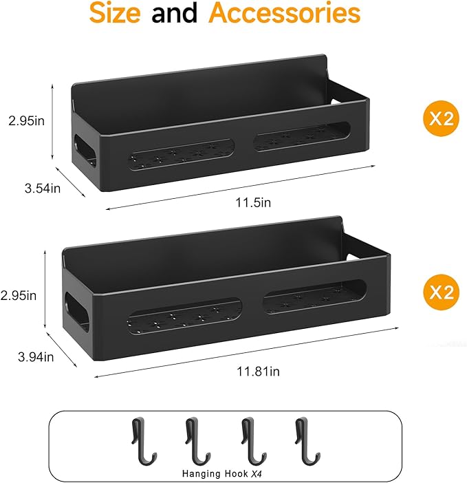 2 Pack Magnetic Spice Rack for Refrigerator, Spice Rack Organizer, Moveable Magnetic Shelf Fridge Organizer with 4 Hooks for Kitchen and Oven Organization, Black