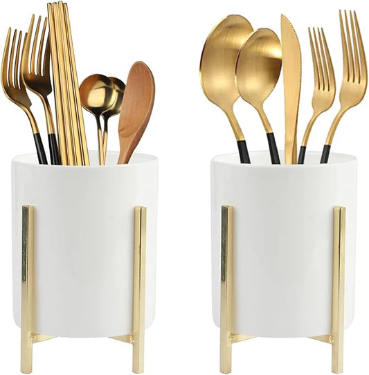 Kitchen Cooking Utensil Holder, 2 Pcs Ceramic Flatware Caddy with Gold Metal Bracket, Chic & Modern Kitchen Utensil Holder for Countertop, Rustic Cooking Utensil Crock for Farmhouse Kitchen Décor