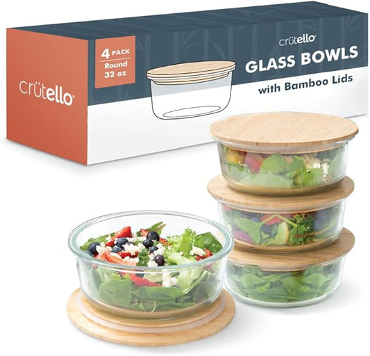 Crutello Glass Storage Containers with Bamboo Lids - Eco-Friendly Non Toxic Meal Prep Jars with Wooden Lid for Fridge and Kitchen Organization - Non Plastic Container for Fruit Bowls - 32 oz - 4 Pack