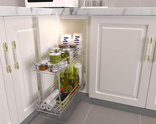 OCG Slide Out Cabinet Organizer for Narrow Cabinet (5" W X 17" D), 2 Tier Pull Out Shelves Slim Sliding Cabinet Organizer and Storage, Chrome