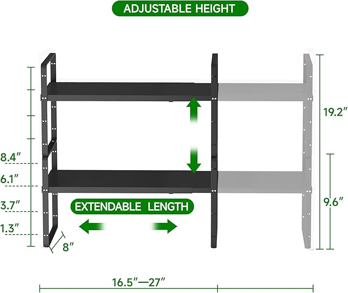 Expandable Cabinet Organizer Shelf, Adjustable Height Organizer Riser for Kitchen Cabinet Spice Rack Locker Pantry Cupboard Under Sink Countertop Desk Organization Metal Stackable Shelves
