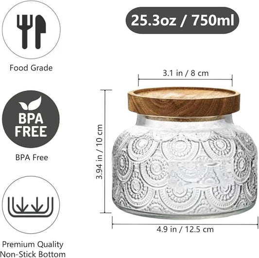 Vintage Glass Jar with Solid Wood Lid, 25.4 FL OZ Glass Food Storage Jar Sugar Container, Candy Coffee Tea Nut Decorated Glass Jar, transparent, SE-semicircle-750