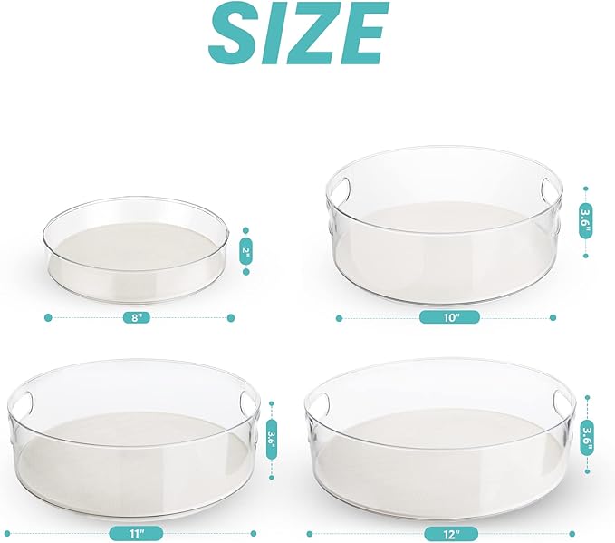 KAGUYA 4 Pack Lazy Susan Organizer, Non-Skid Turntable Organizer for Cabinet, Pantry, Kitchen, Office Countertop, Refrigerator, Cupboard, Bathroom, Clear Organizer Rotating, 8/10/11/12 inch