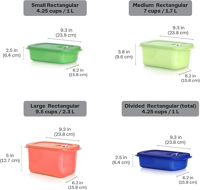 Tupperware CrystalWave 4 Piece Rectangular Food Storage Container Set in Multi Colors, Dishwasher Safe and BPA Free (4 Containers, 4 Lids)