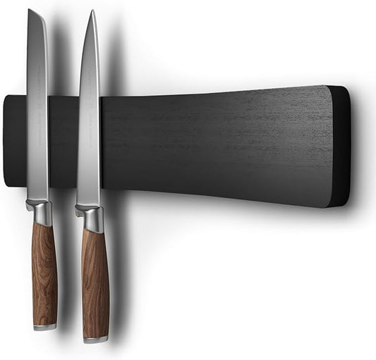 Magnetic Knife Holder for Wall, 10" Acacia Wood Knife Magnetic Strip Powerful Magnet Knife Holder Strip No Drill Use as Tool Key Storage Knife Bar, Knife Rack for Kitchen Utensil Organizer Black