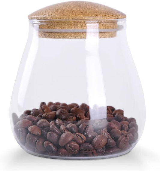 WHJY 13oz Clear Glass Storage Canister Holder with Airtight Bamboo Lid, Small Cute Modern Round Decorative Container Jar for Coffee, Spice, Candy, Salt, Cookie, Condiment, Pepper, Sugar