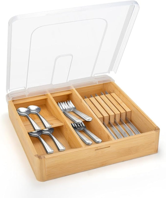 Bamboo Silverware Tray with Lid, Compact Bamboo Utensil Organizer for Kitchen Drawers Countertop, Dust-proof Sturdy Flatware Organizers and Storage Holder with Labels, Steak Knife Block