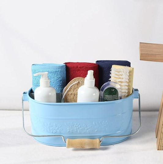 Light & Pro Farmhouse Rustic Utensil Caddy Carry All Serveware Galvanized Metal Organizer - Wooden Handle Storage Bin Caddy For Flatware, Condiments, Party Curtlery - Flower Design - Sky Blue