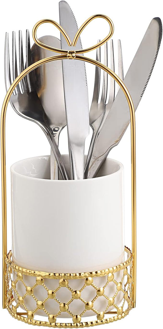 JUXYES Ceramic Silverware Holder For Tabletop, White Cutlery Holder With Golden Metal Bracket, Decorative Flatware Holder Countertop Utensil Holder Organizer for Wedding Kitchen Dining Tables