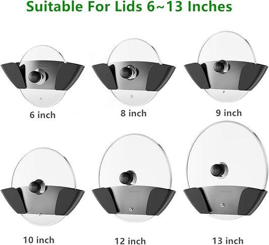 Pot Lid Organizer - 2 Pack Universal Pan Lid Holder, Self Adhesive, Wall Mount, Cabinet Door Top Storage Rack, Fits 6" to 13"