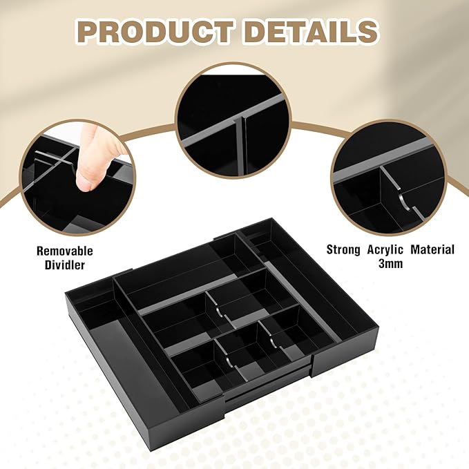 1 Pc Acrylic Desk Drawer Organizer Maximum Expandable Drawer Organizer Trays with 8 Adjustable Compartments Desk Accessories for Makeup Silverware Office Bathroom(Black,Classic)