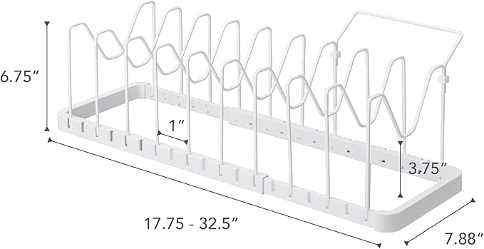 YAMAZAKI home 3840 Adjustable Lid & Pan Organizer-Kitchen Drawer Storage Shelf Rack, One Size, White