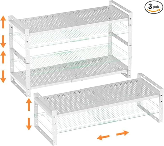 Cabinet Organizer Shelf,Expandable Adjustable Stackable Kitchen Organizer,Metal Shelf risers for cabinets, Kitchens and desks(3Packs/White/Large)