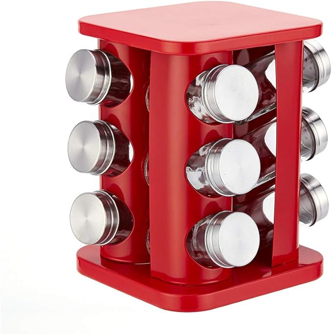 TINMIX Revolving Spice Rack Organizer with 12 Jars, Countertop Spice Seasoning Rack Tower with 12 Glass Jar Bottles Refillable for Kitchen Cabinet, Stainless Steel, Red