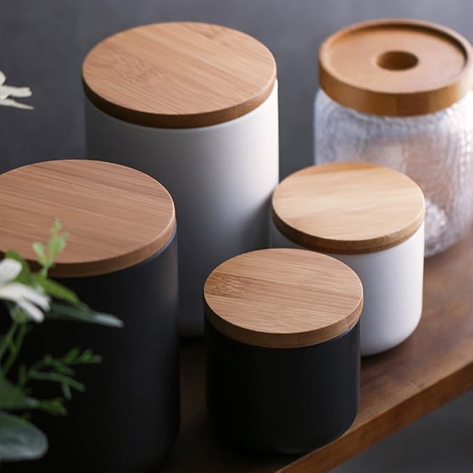 1000ml/34 oz Air Tight Jars Ceramic Storage Containers with Airtight Seal Bamboo Lids Kitchen Canisters for Tea Sugar Coffee Spice Seasoning And More