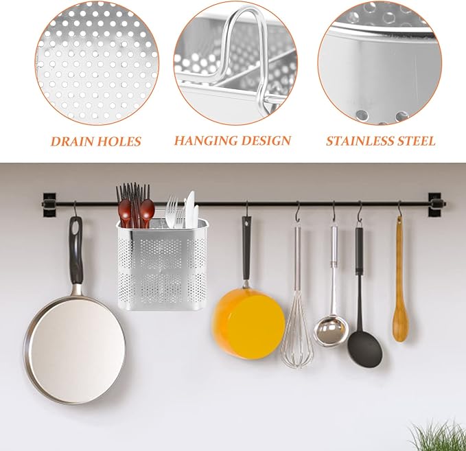 UPKOCH Upgrade Stainless Steel Chopsticks Holder with 2 Compartments for Kitchen Countertop - Drain Spout Utensil Drying Rack and Organizer for Spoons, Forks, and Knives