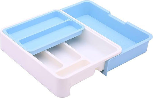 HornTide 3-in-1 Cutlery Tray Expandable Utensils Holder Plastic Kitchen Drawer Organizer for Silverware Storage and More - Blue
