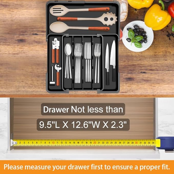 Homecor Silverware Organizer Expandable Kitchen Drawer Organizer with 7 Slots, Adjustable Cutlery Utensil Drawer Organizer, Kitchen Utensil Storage Tray for Forks Knives Spoons, Anti-Slip, Black