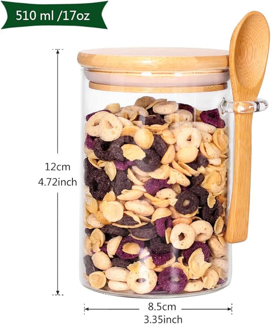 Glass Jars with Bamboo Lids and Wooden Spoons Set of 4, Coffee Tea Sugar Container Set for Loose Tea Canister Storage, Overnight Oats Containers with Scoop for Seasoning, Coffee, Yogurt