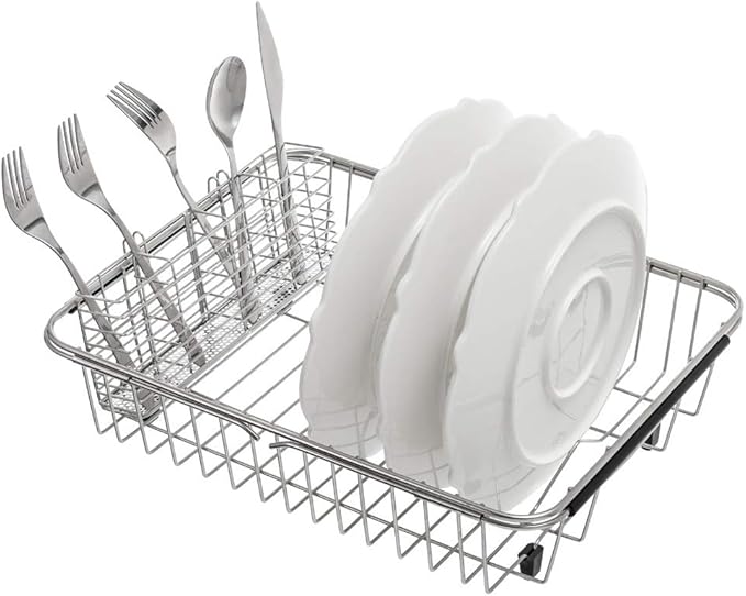 SANNO Utensil Silverware Holder Organizer Hanging Cutlery Organizer Spoon Drying Rack Basket Holder, 4 Divided Compartments Silverware Organizer, Stainless Steel