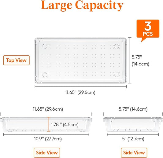 Lifewit Silverware Drawer Organizer, 5.75" x 11.65" Clear Utensil Tray for Kitchen Drawer, Stackable Plastic Flatware and Cutlery Storage Box Divider for Spoons Forks Knives Tools, 3 Pack