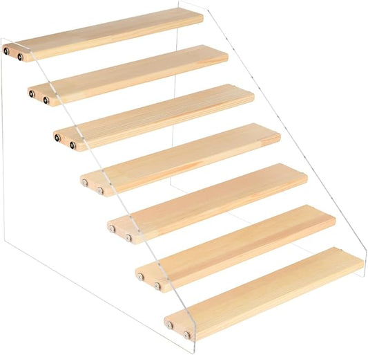 Homakover Tiered Spice Rack Acrylic Wood Board Organizer for Cabinet, Seasoning Shelf, Space Saving Clear Stand Step Can Kitchen Countertop Storage Organization, 7 Tier