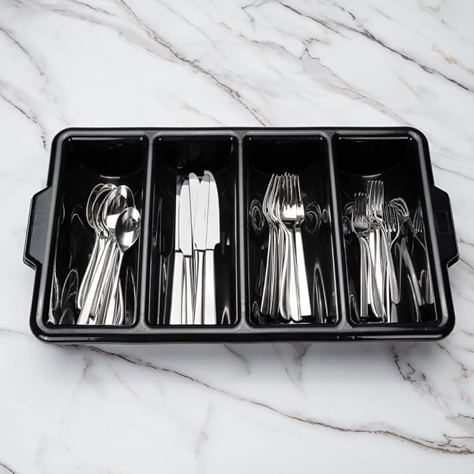 Restaurantware-21.9 x 14.2 x 3.5 Inch Silverware Organizer, 1 Crack-Resistant Cutlery Tray - 4 Compartments, Built-In Handles, Black Plastic Utensils Drawer Holder, For Kitchen Organization
