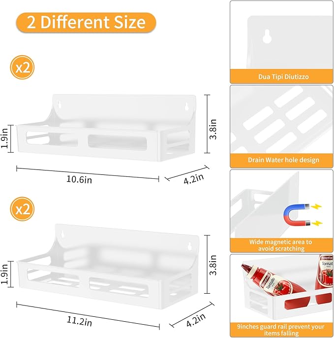 Magnetic Spice Rack for Refrigerator, 4 Pack Premium Plastic Spice Rack Organizer,Magnetic Fridge Shelf Seasoning Rack,Perfect Kitchen Organization and Storage (White)