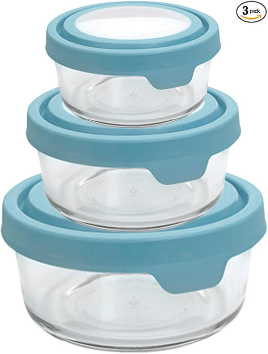 Anchor Hocking TrueSeal Round Glass Food Storage Containers with Airtight Lids, Mineral Blue, 6 Piece Set (3 Containers with Lids)