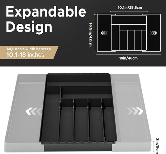 JYPS Silverware Drawer Organizer, Expandable, Adjustable for Forks, Knives, Multipurpose Kitchen Utensils, Black Large
