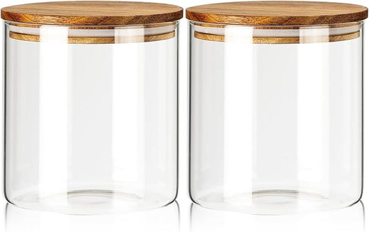 Labina Glass Storage Container Airtight Food Jars Kitchen Canister with Wood Lids, 71 Oz Wide Mouth Pantry Organization Glass Jar for Flour, Sugar, Cookie, Spagetti, Nuts and Candy (2 Pack)