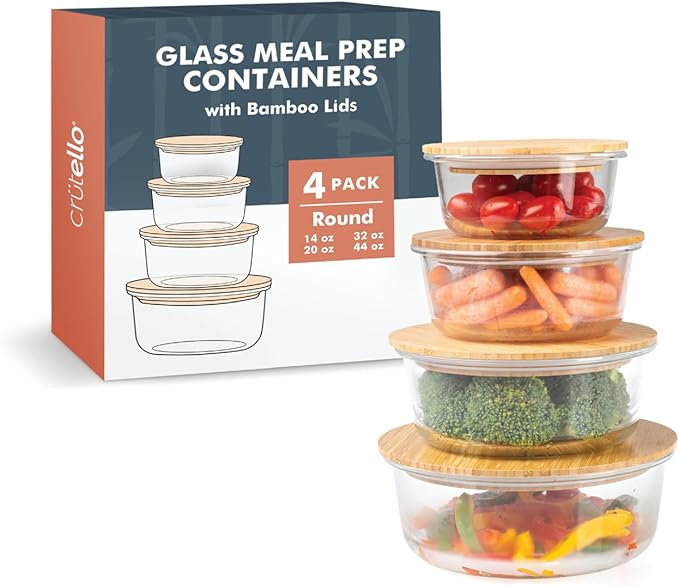 Crutello Glass Meal Prep Containers with Bamboo Lids, 4 Pack - Airtight Clear Food Storage Canisters for Kitchen Organization - A Family-Owned American Brand