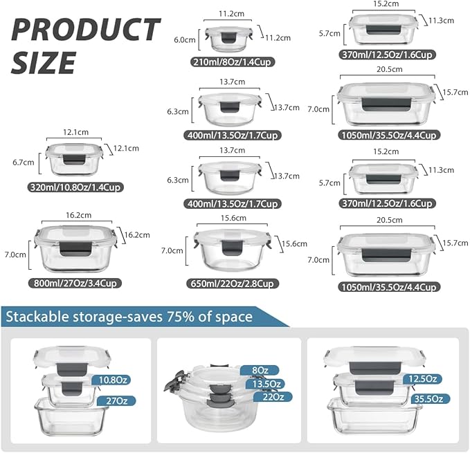 [10-Pack Glass Meal Prep Containers with Lids, Food Storage Containers with Snap Locking Lids, Airtight Lunch Containers, Microwave, Oven, Freezer and Dishwasher