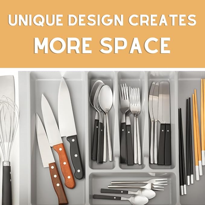 Silverware Organizer, Compact Cutlery Organizer, Large Kitchen Drawer Utensil Divider Tray, Holder Spoon Fork Flatware Storage 5 Compartment Wide Plasticware Draw (Grey) 13x14 inch
