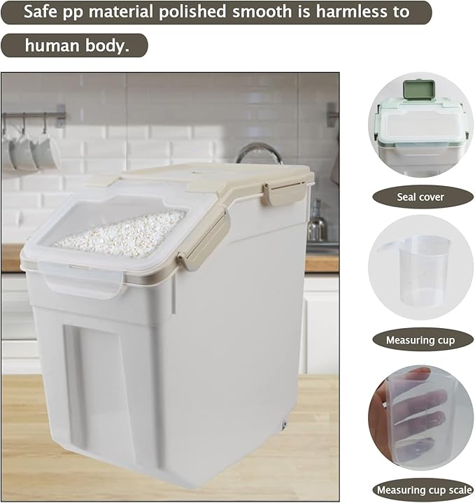 YXQ 25LB Large Flour Storage Container Bin,4 Pack Airtight Plastic with Wheels Seal Locking Lid Dispenser Organizer Storage Bin with Measuring Cup & Scoop for Flour, Rice, Grain 100LBS Total，Grey