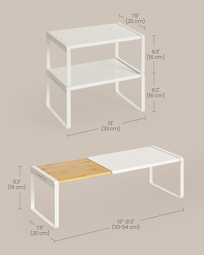 SONGMICS HOME Spice Racks, Expandable Cupboard Shelf Orgnizers, Kitchen Counter Shelves, Bamboo and Metal, Space-Saving Shelving, Stackable, Natural Beige and Cream White UKCS051N01