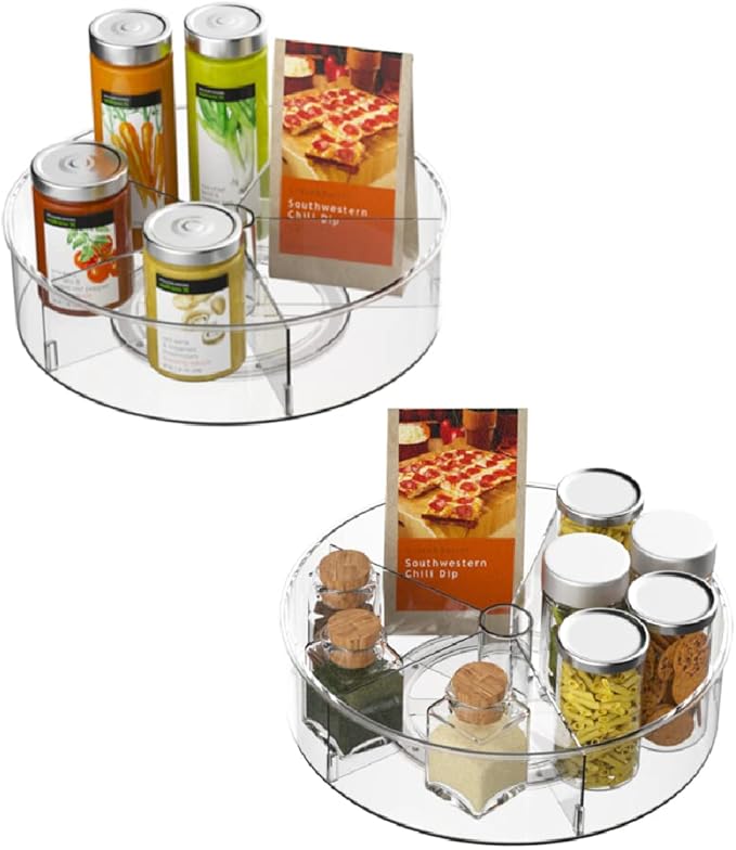 Slideep Lazy Susan Plastic Turntable Divided Spinner for Kitchen Cabinet, Pantry, Fridge, Cupboard, Counter Organizing Fully Rotating Organizer for Food, Spices, and Condiments, 11.5" Clear - 2 Pack