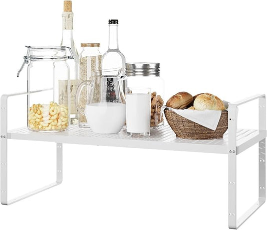 Expandable Kitchen Shelf Organizers, Kitchen Cabinet Organizer Stand Rack Organization for Countertop Cupborad Pantry, White 1 Pack