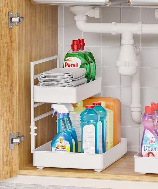 EVERIE Metal Pull Out Slide Shelf Organizer for Under Sink Organization in Kitchen, Bathroom, Counter, Cabinets, Minimum Available Space 13" Wide x 16.5" Deep (White, 1 Set)