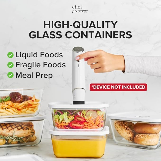 Chef Preserve Glass Vacuum Seal Containers for Food Storage, Made For Compact Vacuum Sealer, 3pcs set [1x Small, 1x Medium, 1x Large] Works With Handheld Vacuum Sealer Machine