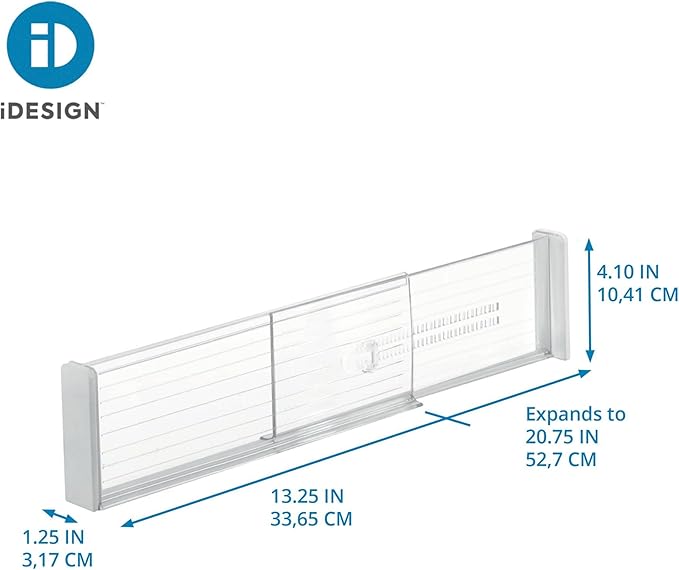 iDesign Plastic Adjustable Deep Drawer Divider, Kitchen, Dresser, Desk, Bathroom and More, The Linus Collection – Set of 2, Expandable 13.25” – 20.75”, Clear