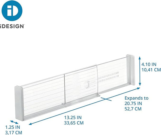 iDesign Plastic Adjustable Deep Drawer Divider, Kitchen, Dresser, Desk, Bathroom and More, The Linus Collection – Set of 2, Expandable 13.25” – 20.75”, Clear