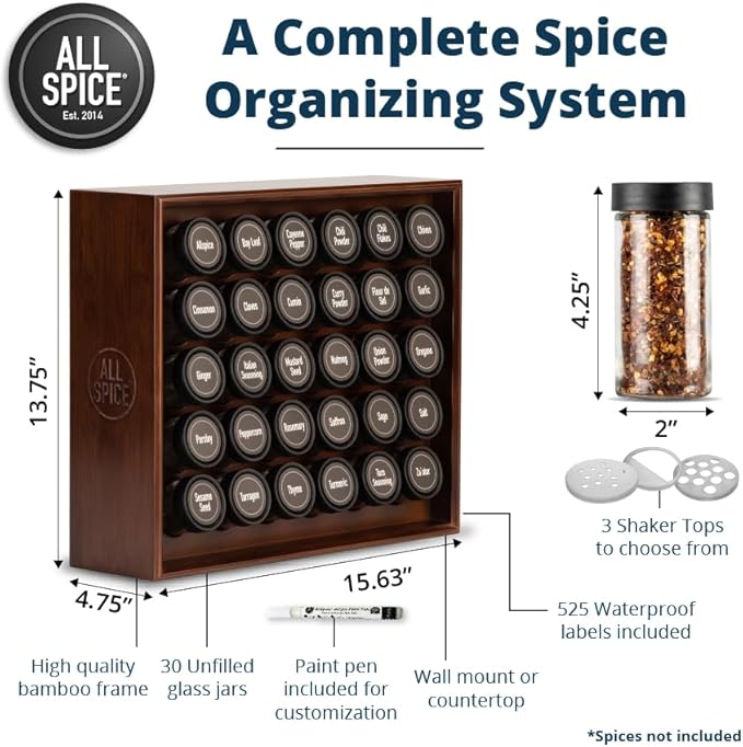 AllSpice Wood Spice Rack Organizer, 525 Unique Labels, Countertop or Wall Mount, Includes 30 4oz Jars- Walnut Stain