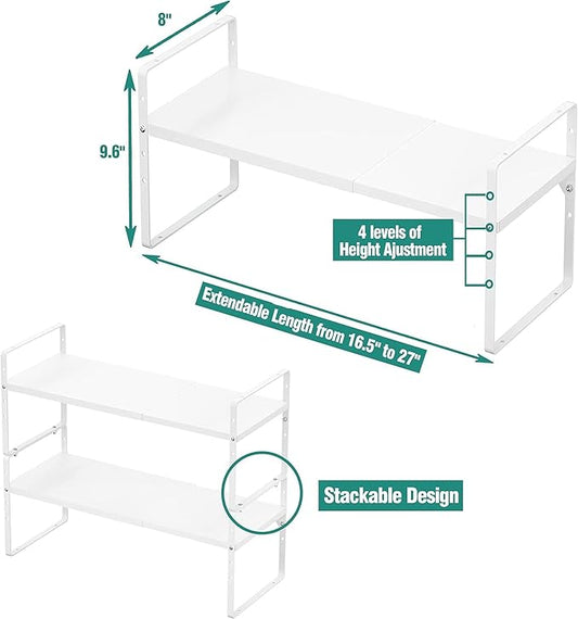 Expandable Cabinet Shelf Organizer Rack, Stackable Kitchen Counter Storage Shelves Stand, Adjustable Height Pantry Shelf Spice Rack, Heavy Duty Nonslip White Small 3Pack
