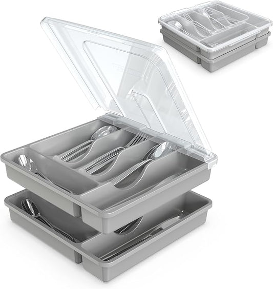 Silverware Organizer with Lid for Drawer, Plastic Utensil Holder for Countertop, Flatware Organizer Cutlery Tray with Cover 5 Compartments (2 Layer-Gray)