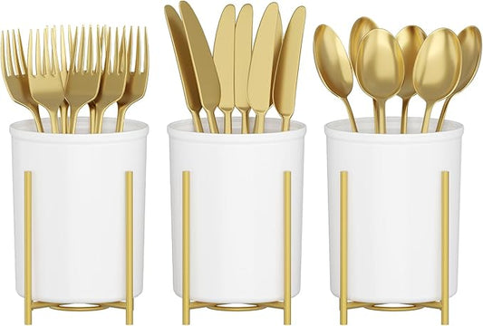 Lifewit 3-Pack Plastic Silverware Holder for Kitchen Countertop, Cutlery Flatware Caddy with Metal Brackets, Utensil Spoon Fork knives Organizer for Party Picnic, Gold