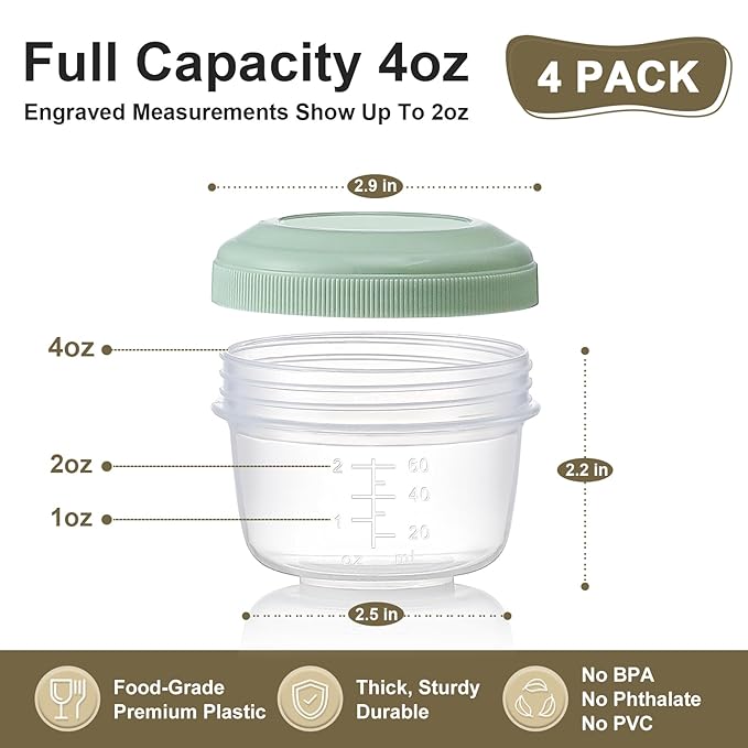 [4 Pack] 4 oz Small Containers With Lids, Reusable Plastic for Snack and Puree, Salad Dressing to Go, Deli, Freezer Condiment, Dishwasher Safe, BPA Free